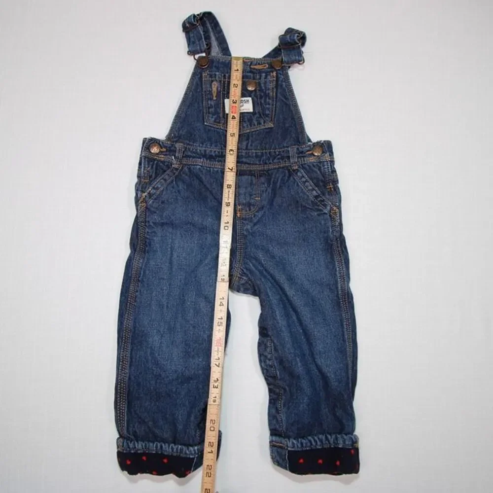 OshKosh Girls Denim Overalls Set 18M Red Plaid Heart Blue Fleece Lined 2pc